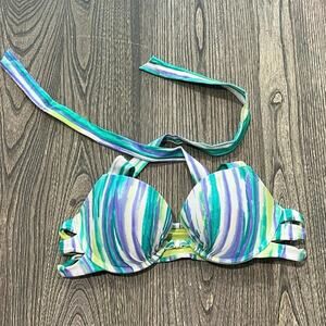 Aerie Womens Brooke Bikini Top Halter Front Clasp Striped Blue Green Size 34B